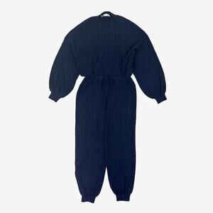 Zara Knit Jumpsuit Small Navy Blue Ribbed Minimalist Cozy Lounge Casual Normcore